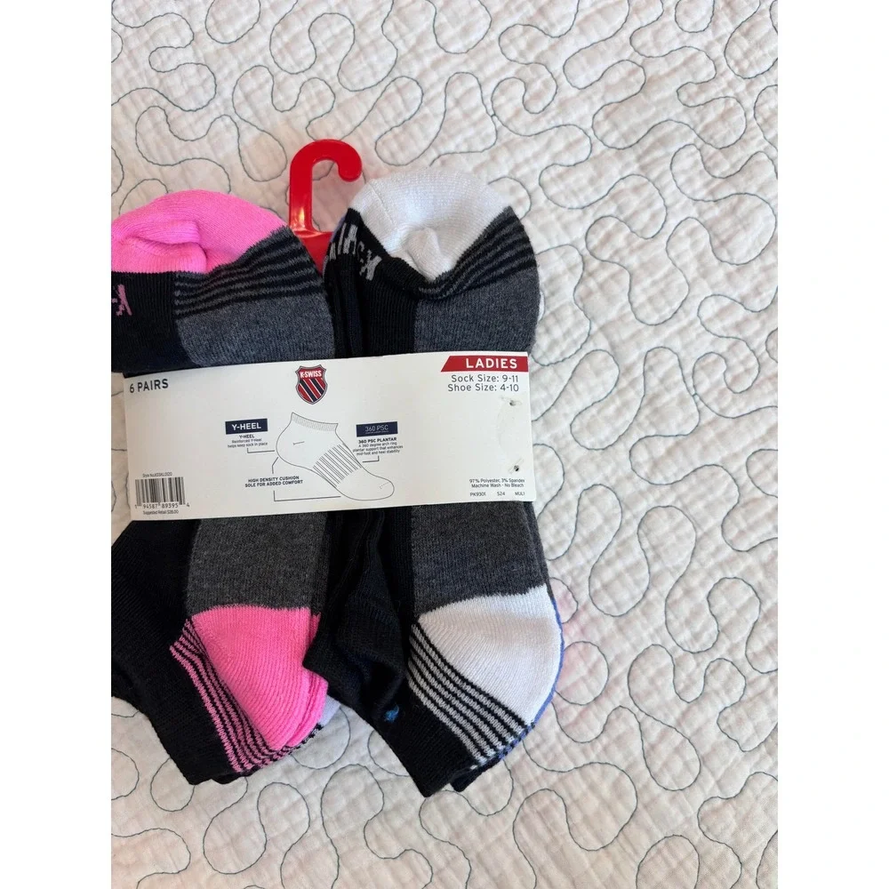 K-Swiss Ladies 6 Pair Low Cut Performance Socks Multi Color Size 9-11 Shoe 4-10